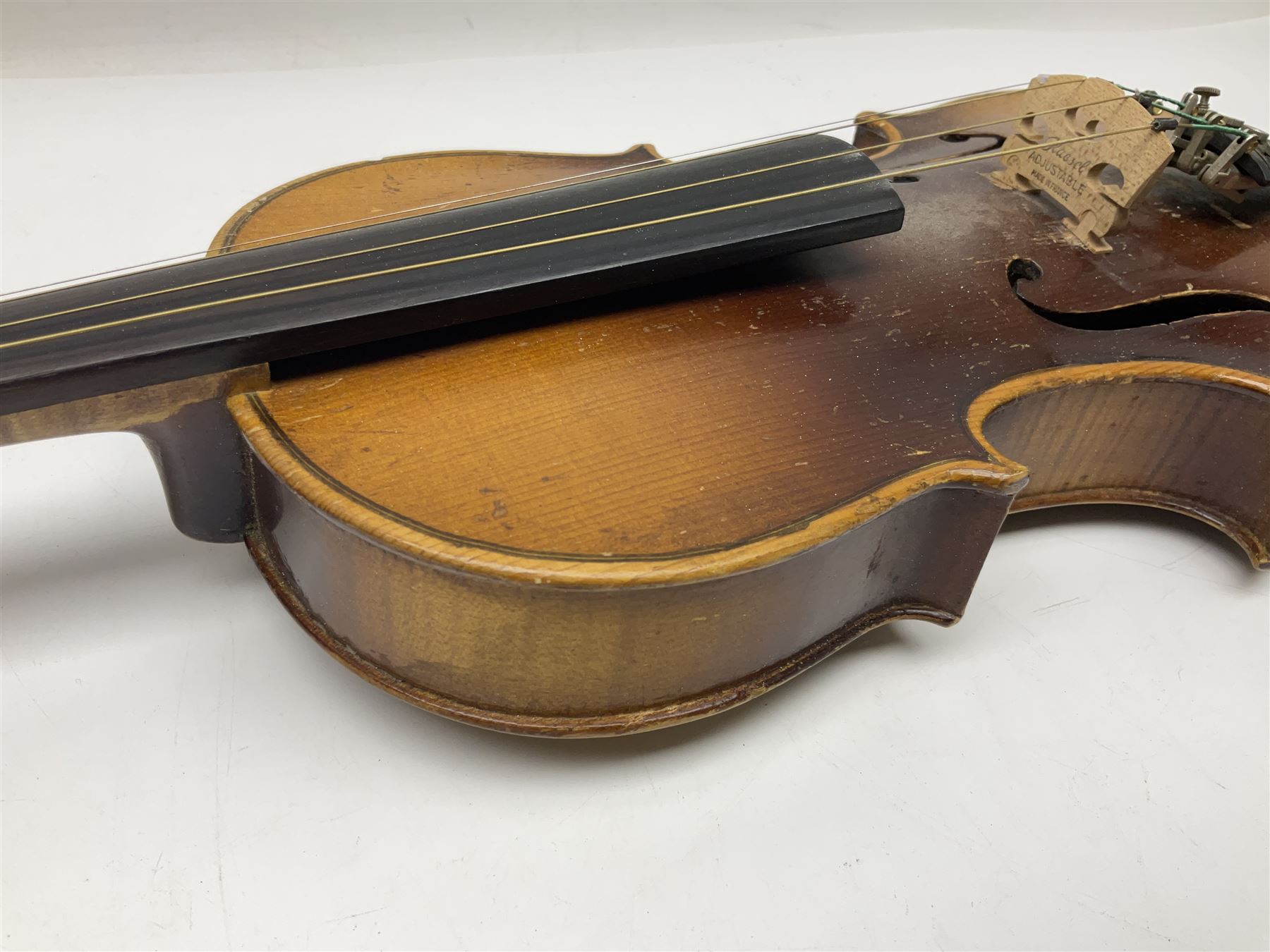 Two three-quarter size violins - German Saxony with 34cm one-piece maple back and ribs and spruce top; L56cm overall; and Hungarian with 34cm two-piece maple back and ribs and spruce top; L56cm overall; each in carrying case with bow (2)