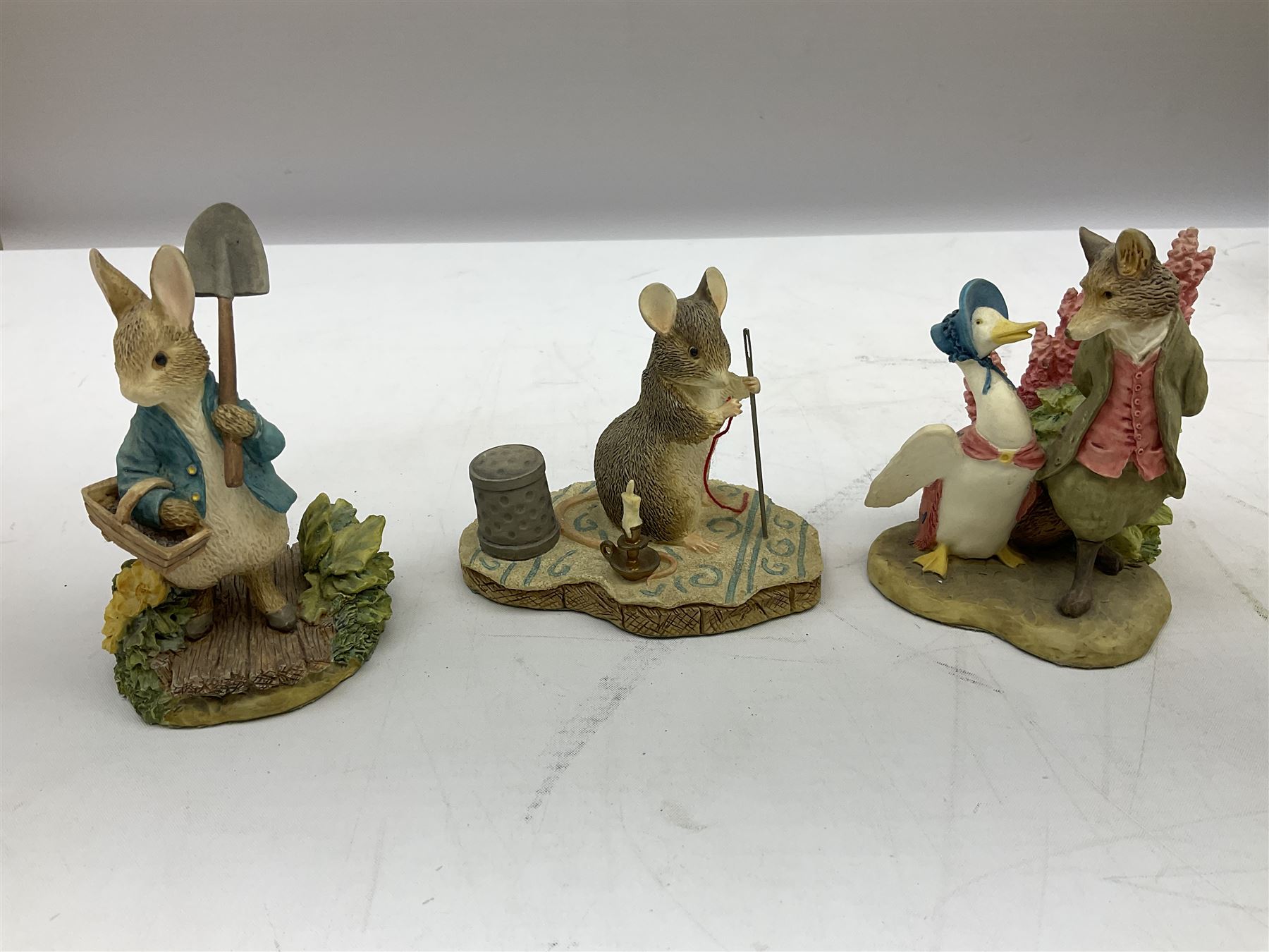 Border Fine Arts Beatrix Potter figures, to include Tableau no. 669814, The Tale of Ginger and Pickles no.A0460, Peter Rabbit in the Garden 739499, Mr Jeremy Fisher A0621, Tabitha Twitchit Brushing Kittens A0625, many with original boxes  