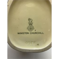 Royal Doulton toby jug of Winston Churchill H23cm and large character jug of Falstaff; together with four collector's plates by Royal Crown Derby, Royal Worcester and Limoges (6)