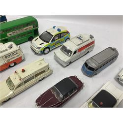Corgi/Dinky - twenty-four unboxed and playworn die-cast models, predominantly emergency vehicles and buses; including Autocar Isobloc, Superior Criterion Ambulance, Ford Transit Police Vans, Chevrolet Impalas, Minissima, Ausin Mini Police van etc (24)