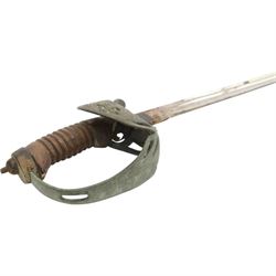 Prussian Cavalry sword Model 1889, with 77cm single edge blade, the folding guard incorporating the Imperial Prussian eagle, stirrup knuckle bow,  in black painted steel scabbard with single suspension ring, overall L94cm 