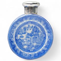 Victorian silver-topped ceramic scent bottle, by Sampson Mordan, in the form of a willow p...