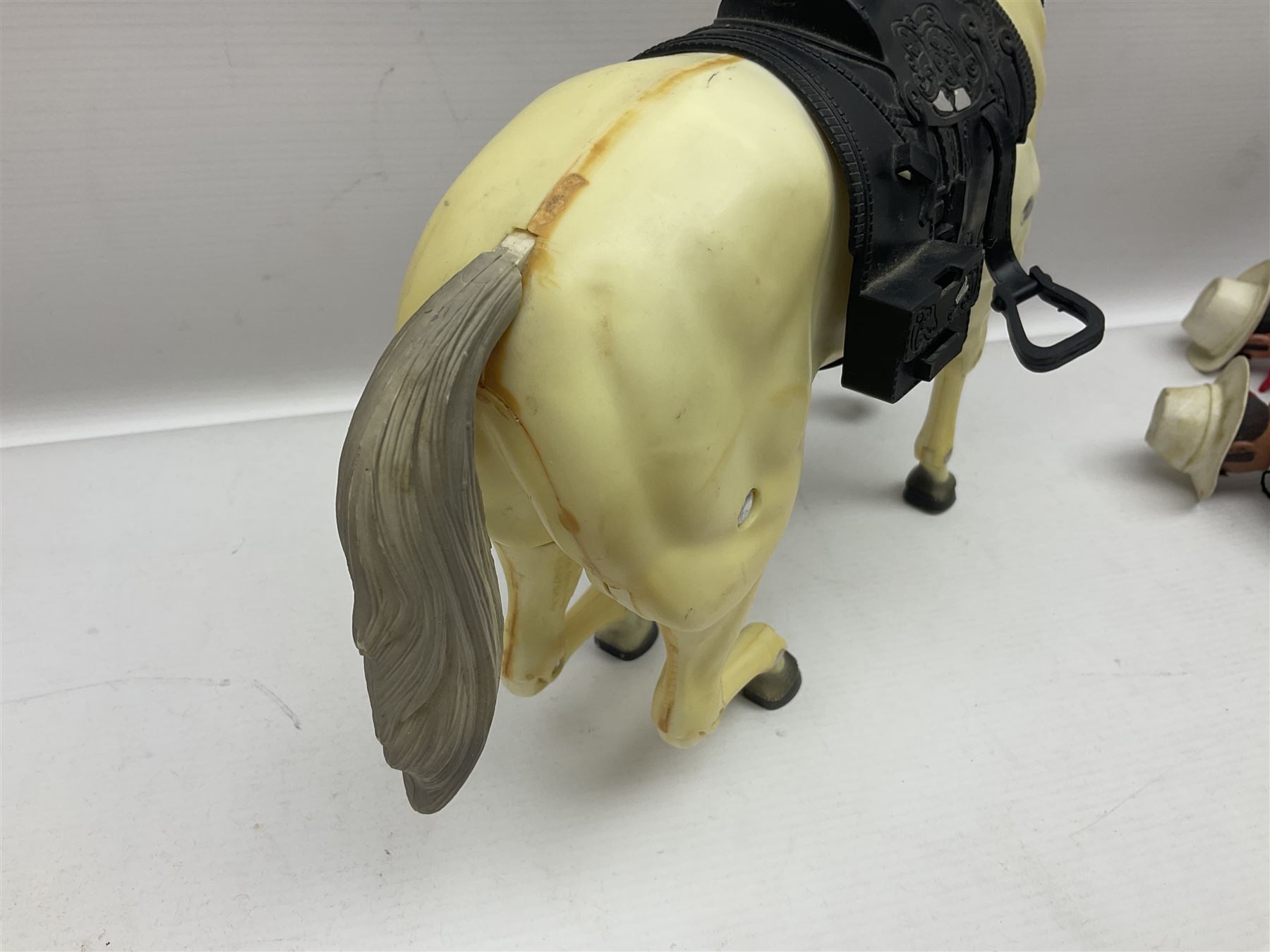 Two pairs of 1970s Lone Ranger and Tonto action figures, probably by Marx Toys; and Gabriel 'Silver' stallion horse; all unboxed (5)