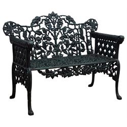 Victorian design heavy cast iron garden bench, ornate shaped back with rope twist and ramshead arms