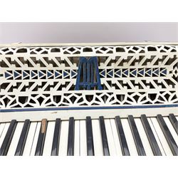 Italian Lambardi piano accordion in ivory coloured pearline case with jewelled decoration, twenty keys and one-hundred and twenty buttons L 37cm