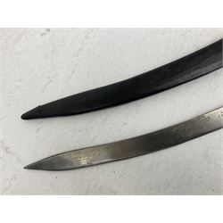 20th century Indian Tulwar sword with 71cm plain curving steel blade and iron hilt with extended langets, knopped grip and spiked pommel; in canvas covered wooden scabbard L87.5cm overall; together with five fencing swords comprising four foils and one epee, three marked Leon Paul, one in carrying case (6)