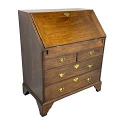  Georgian red walnut and mahogany bureau, moulded rectangular fall front with rounded upper corners, the interior fitted with sliding storage well, a combination of small drawers and pigeons holes, two short and two long drawers below, on bracket feet