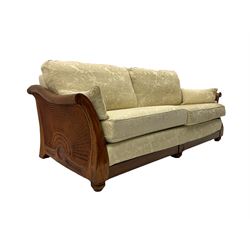 Multi-York - Hardwood framed bergère lounge suite, three seat sofa (W204cm), and pair matching armchairs (W90cm), upholstered in cream floral pattern fabric 