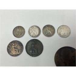 Quantity of Great British and World pre decimal and pre Euro coins to include sixteen Queen Victoria examples, 1854 four pence, two 1838 three pence, 1885 three pence, 1878 farthing, 1862 and 1882 penny coins