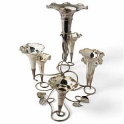 Silver plated seven branch epergne with trumpet shape vases with scroll leaf branches H36cm