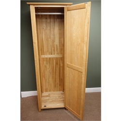  Light oak wardrobe, projecting cornice, single door enclosing hanging rail, stile supports, W66cm, H192cm, D59cm  
