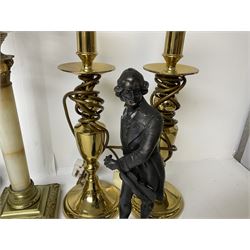 Oil lamp with frosted floral shade and cut glass reservoir, upon cast brass and marble base, together with a cast brass Corinthian column table lamp, pair of brass table lamps and a composite metal figure of a violinist 