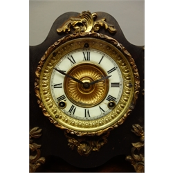  Late19th century ornate cartouche shaped mantel clock by 'Ansonia Clock Co.', scrolled gilt metal mounts and feet, twin train movement striking on coil, H24cm  