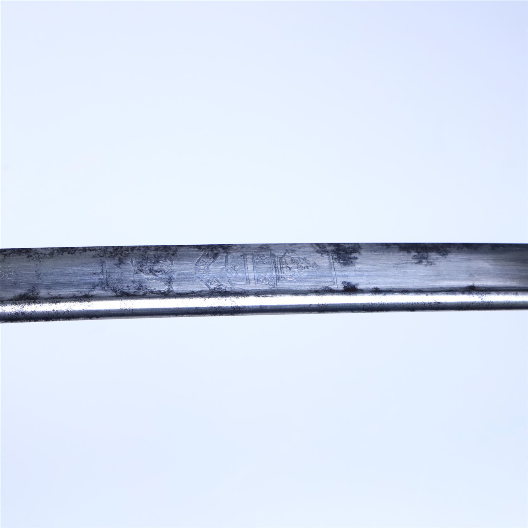 British William IV 1822 pattern Infantry General sword, retailed by John Salter cutler to Horatio Nelson and Prince Augustus Fredrick, Duke of Sussex, the 73cm curved pipe backed blade etched to both sides, with the royal monogram and the owners coat of arms and initials 'GD, brass gothic guard with original gilding, the cartouche of the crossed baton depicting the crossed baton and sword of a general, shagreen covered grip and triple wire binding, the guard complete with leather lining and gilt sword knot, in leather scabbard with three gilt brass mounts, the top mount bearing the cutlers name and address, with twin suspension rings, overall L89cm  