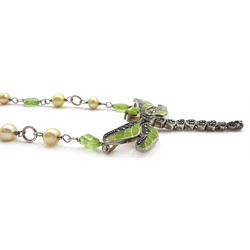 Silver and enamel peridot pearl and marcasite dragonfly necklace stamped 925
