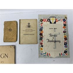 Modern album containing over sixty postcards and photographs including memorial portraits of KIA soldiers, regimental crests, comic, WW1 embroidered silk, uniforms, cap badges, camp and manoeuvre images etc; another personal photograph album of WW2 soldiers relaxing; Royal Armoured Corps booklet 'The Italian Campaign 3rd Sep. 1943 - 2nd May 1945; and other paper ephemera of military interest