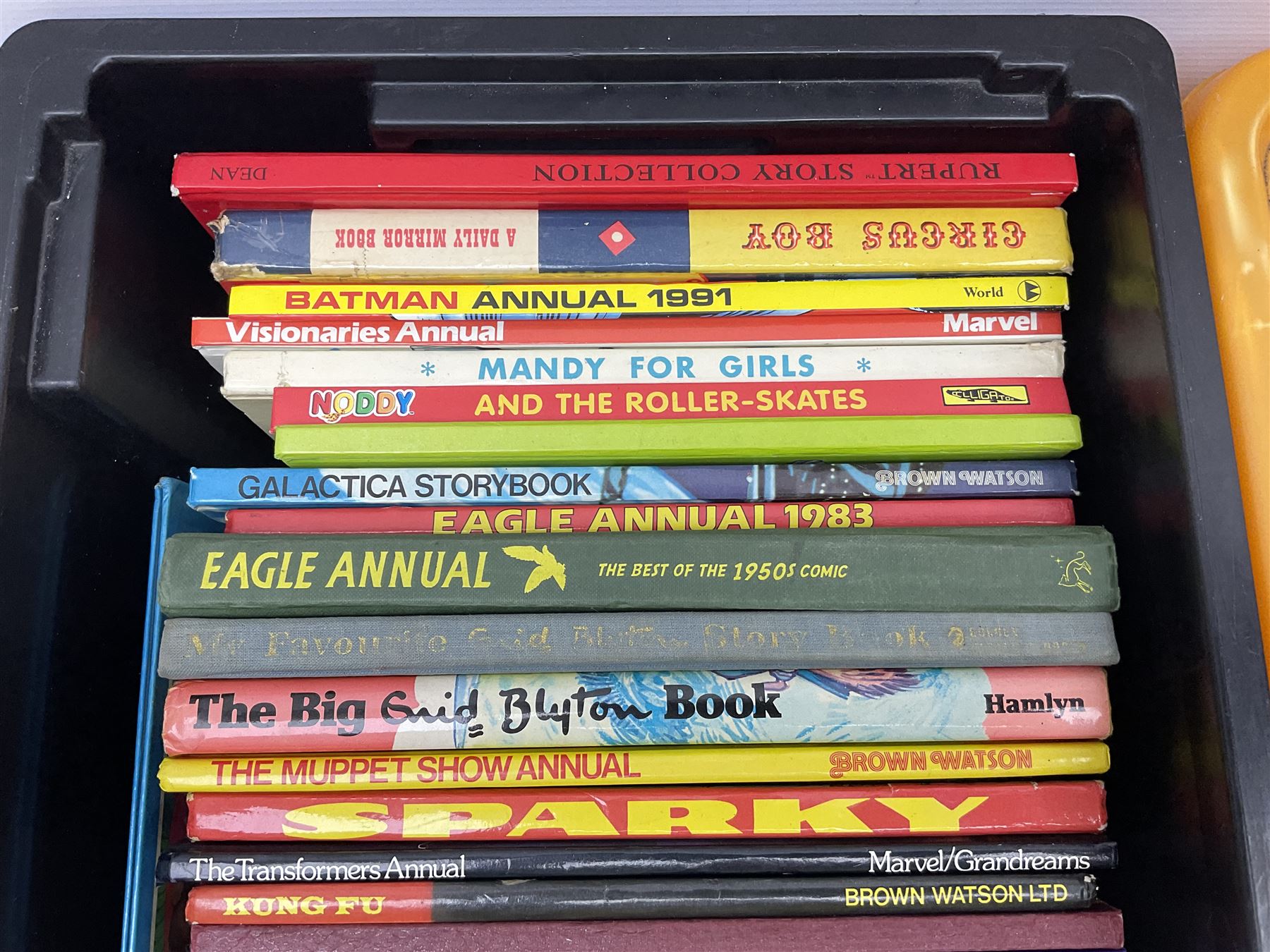 Children's annuals, books and booklets, including Scorcher Annual 1975, Valiant Annual 1977,  Beano Annual 2004, 2005 etc, The Big Enid Blyton Book, various Woman's Weekly magazines, Spot's Magical Christmas by Eric Hill and other similar hardback children's books etc, in four boxes 