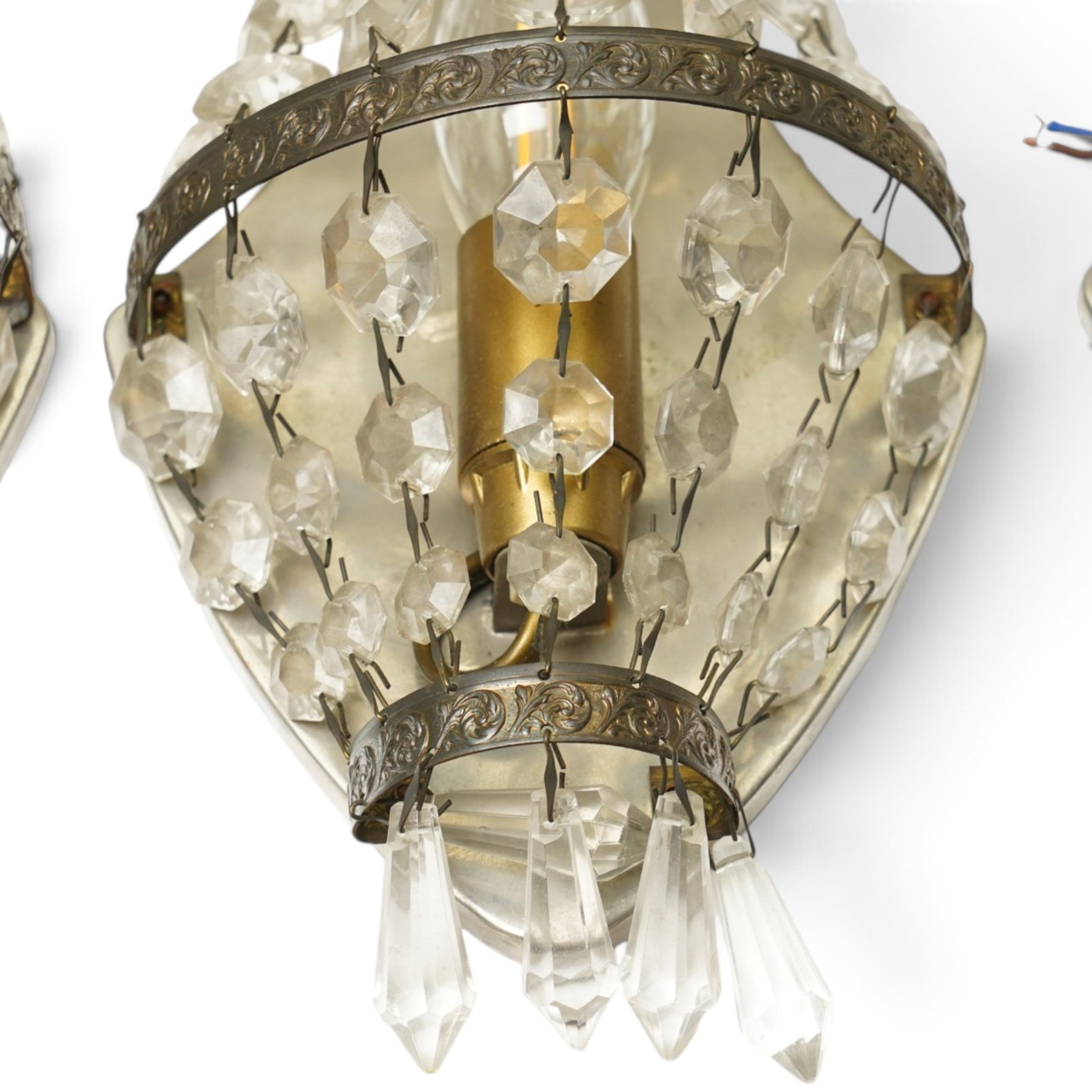 Brass and crystal ceiling light, drop 72cm, together with three small crystal oval wall lights, H28cm (4)