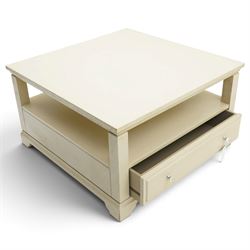 Laura Ashley - white coffee table, of square form, open recess above two drawers with glass knobs