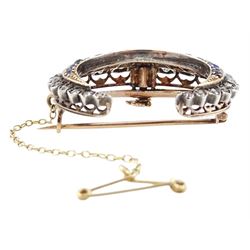 Victorian silver and gold old cut diamond and oval cut sapphire crescent, with detachable gold brooch setting, total diamond weight approx 1.80 carat