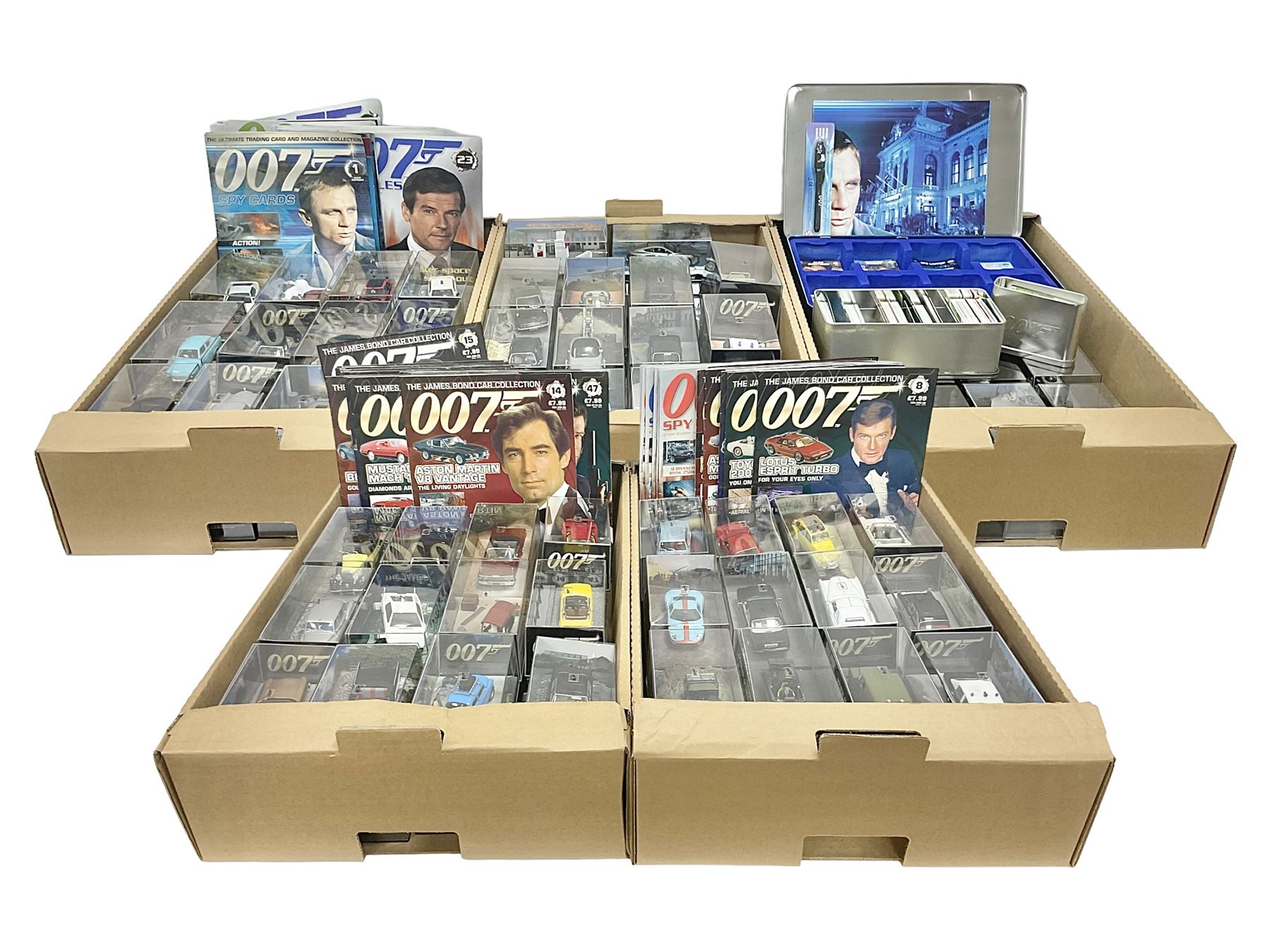 Fabbri James Bond Collection - over one hundred and ten die-cast models in perspex display cases as issued periodically; and a quantity of associated magazines and trading cards, in five boxes