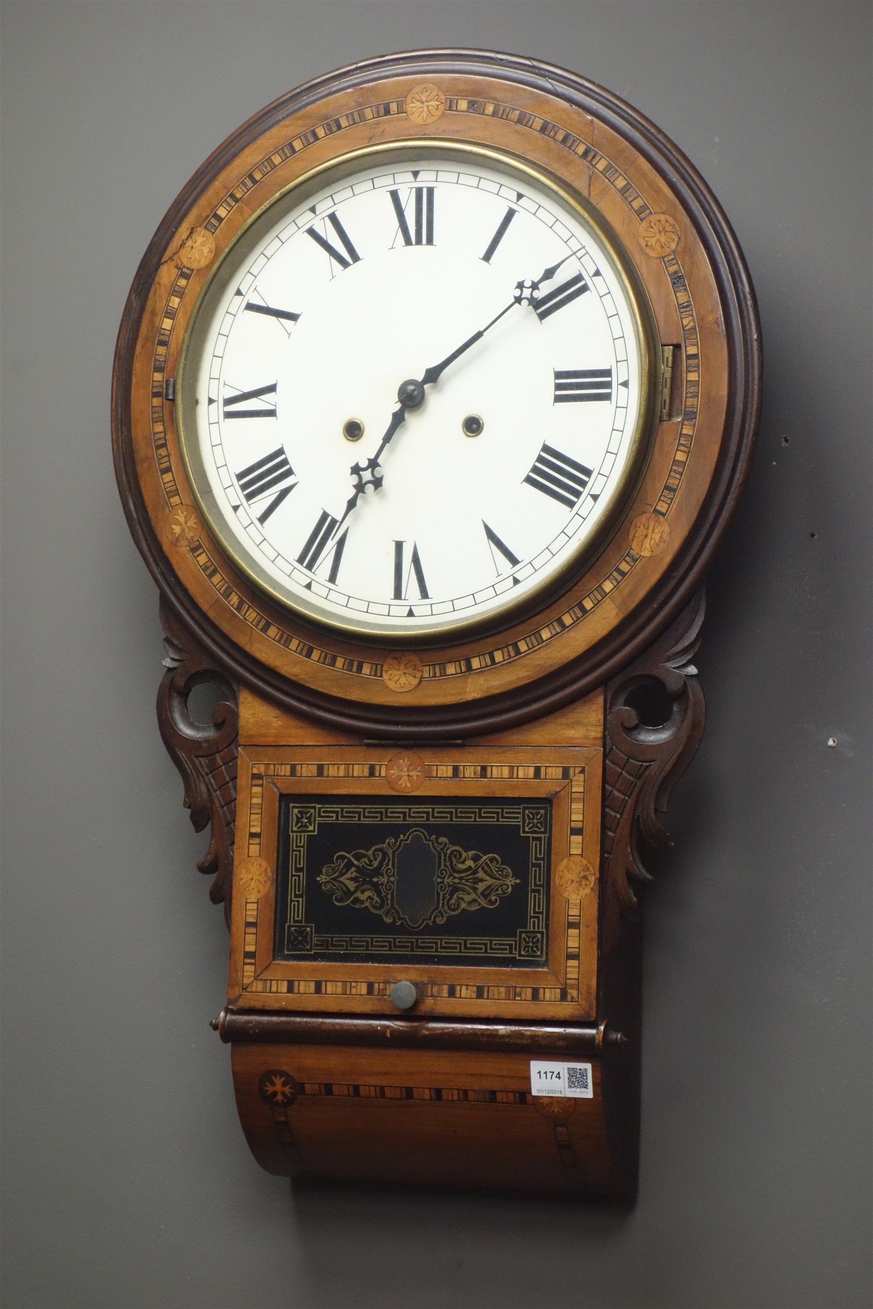 19th century inlaid walnut drop dial 'Superior 8 Day' wall clock, H71cm