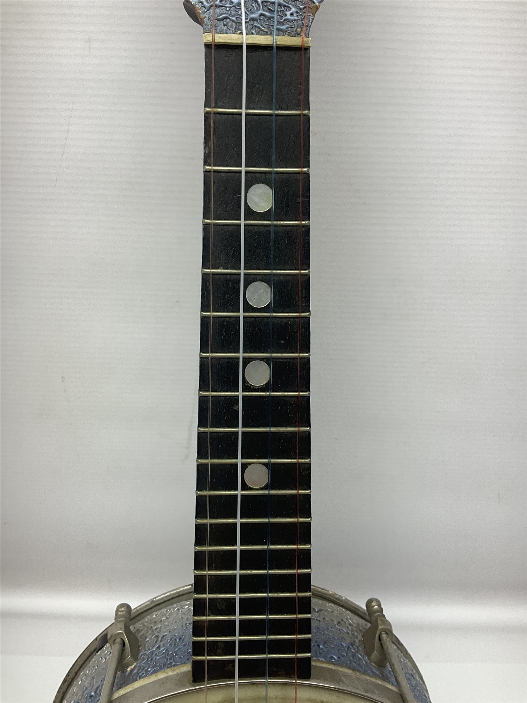John Grey & Sons banjolele with unusual all over mottled blue and silver textured finish L57cm; in carrying case