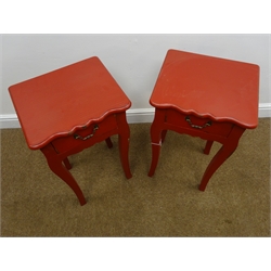  Pair French style bedside/lamp tables, red finish, shaped moulded top, single drawer, cabriole legs, W35cm, H65cm, D30cm  