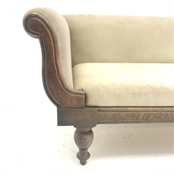  Victorian oak framed upholstered three seat sofa, scrolled arms, turned supports, W206cm  