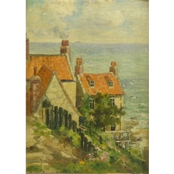  English School (Early 20th century): Robin Hoods Bay, pair of oils on canvas board unsigned 35cm x 25cm and Sailing Boats off the Shore, oil on canvas signed by John Cooper unframed 41cm x 51cm (3)  