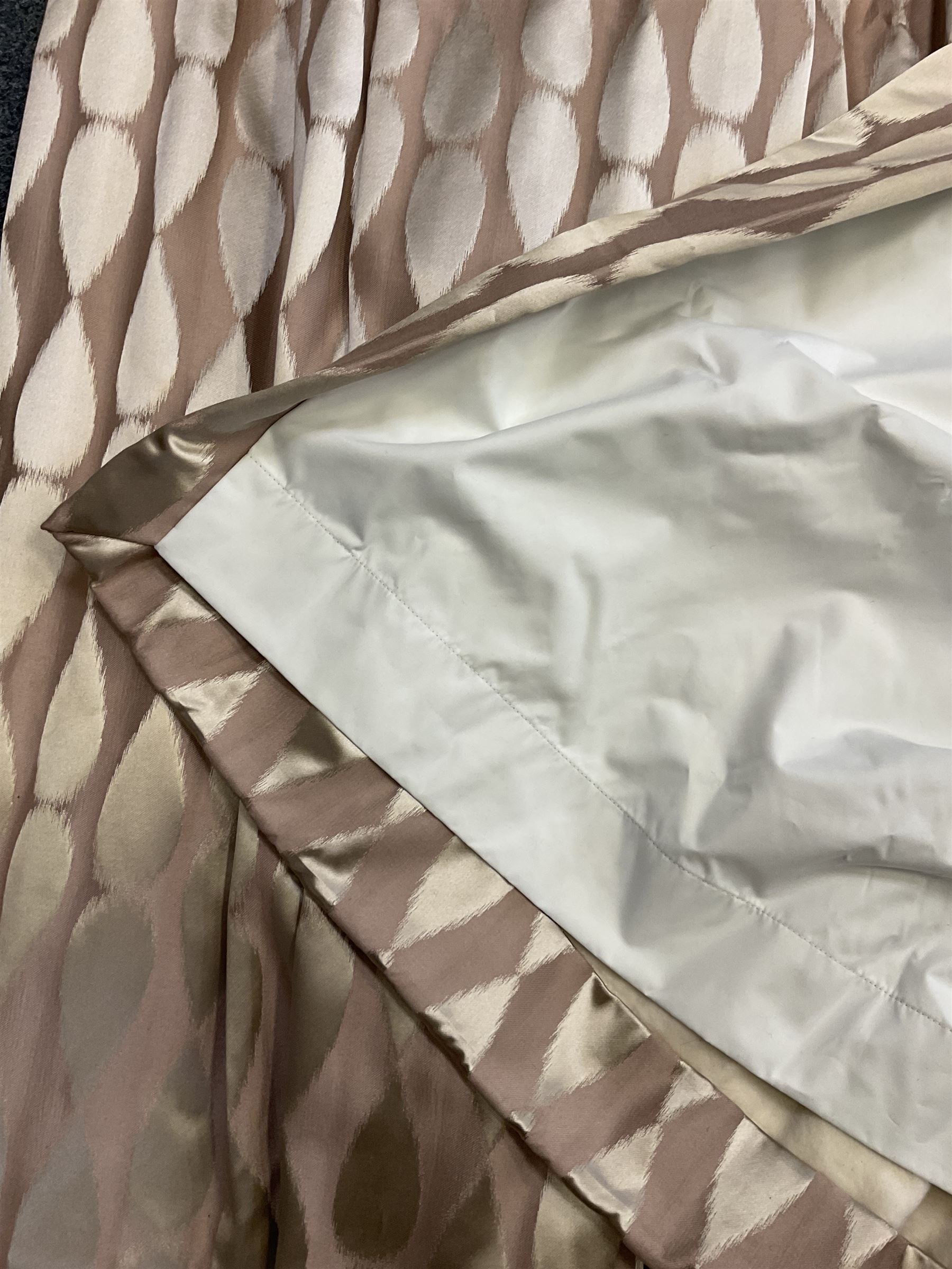 Furnish & Fettle - pair thermal lined curtains, in champagne fabric decorated with trailing vertical teardrop pattern, double pinch pleated headers, width at header - 110cm, drop - 309cm (per curtain)