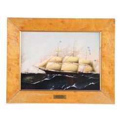 Set of Six Wedgwood plaques, each decorated with a clipper ship, inscribed to the reverse, in maple frames, 25cmx31cm