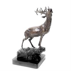 After Pierre-Jules Mêne - bronze figure of a calling stag, upon marble base, overall H35cm
