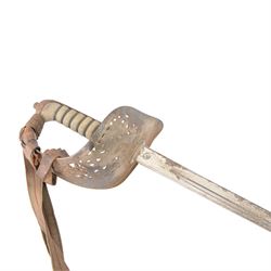 British Infantry officers sword 1897 pattern by Hawkes, the 82cm straight double edged blade with central fuller engraved to both sides, with pierced hilt, wire bound grip, with sword knot leather covered scabbard and complete in its leather transit bag, overall L100cm
