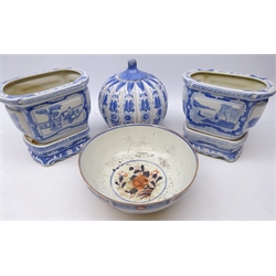  Collection of Oriental ceramics including Japanese Imari plates, bowl, vases and other ceramics, Chinese pumpkin shaped jar and cover & two similar style jardiniand stands, Japanese coffee sets, glass figures, Ivory style figures, Chinese ginger jar and miscellanea in two boxes  