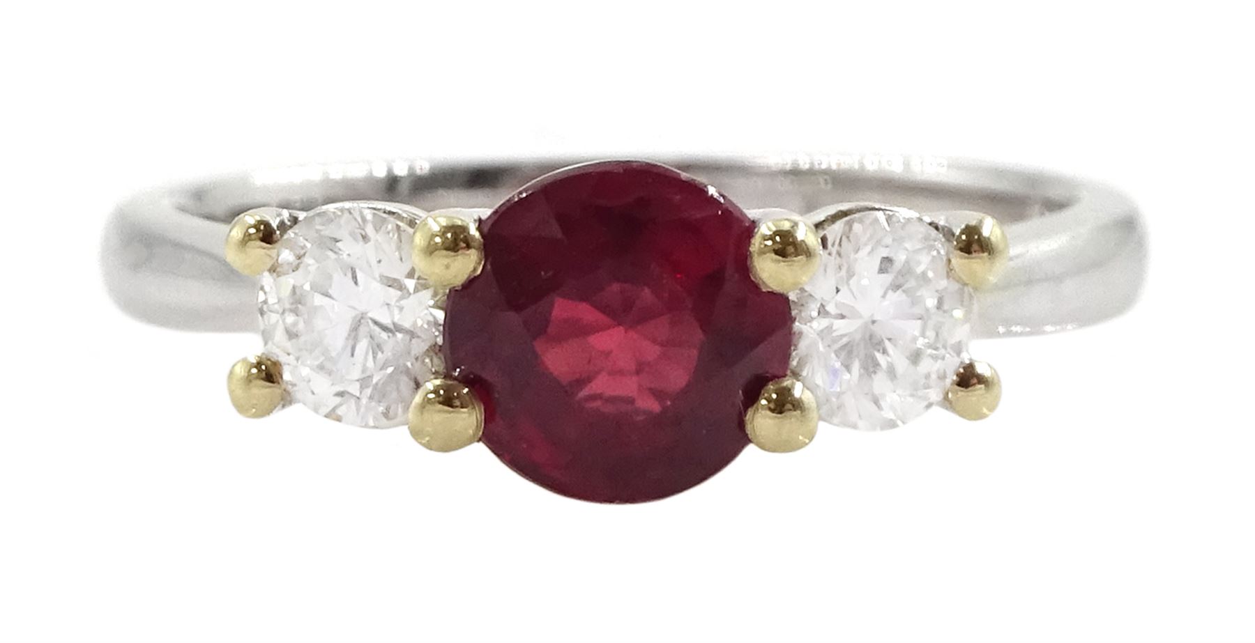 18ct white gold three stone ruby and round brilliant cut diamond ring, hallmarked, ruby approx 1.00 carat, total diamond weight approx 0.50 carat