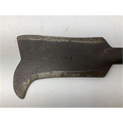 Estwing Black Eagle style double bit throwing axe with leather grip, virtually mint with labels present, plastic blade protectors and nylon sheath L43cm; another smaller Estwing axe stamped 24A to the pommel, with leather grip and sheath; and a vintage short handled hedge knife, the blade stamped IH (?) No.2 (3)