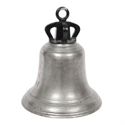 WWII RAF scramble bell, dated 1937, engraved with the large crowned Air Ministry motif infilled in red, with clanger and rope, H35cm