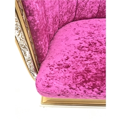 Cappelletti Cantu Italian gilt metal framed curved sofa, upholstered in crushed pink velvet, on gilt stepped base, W217cm, D92cm, H147cm