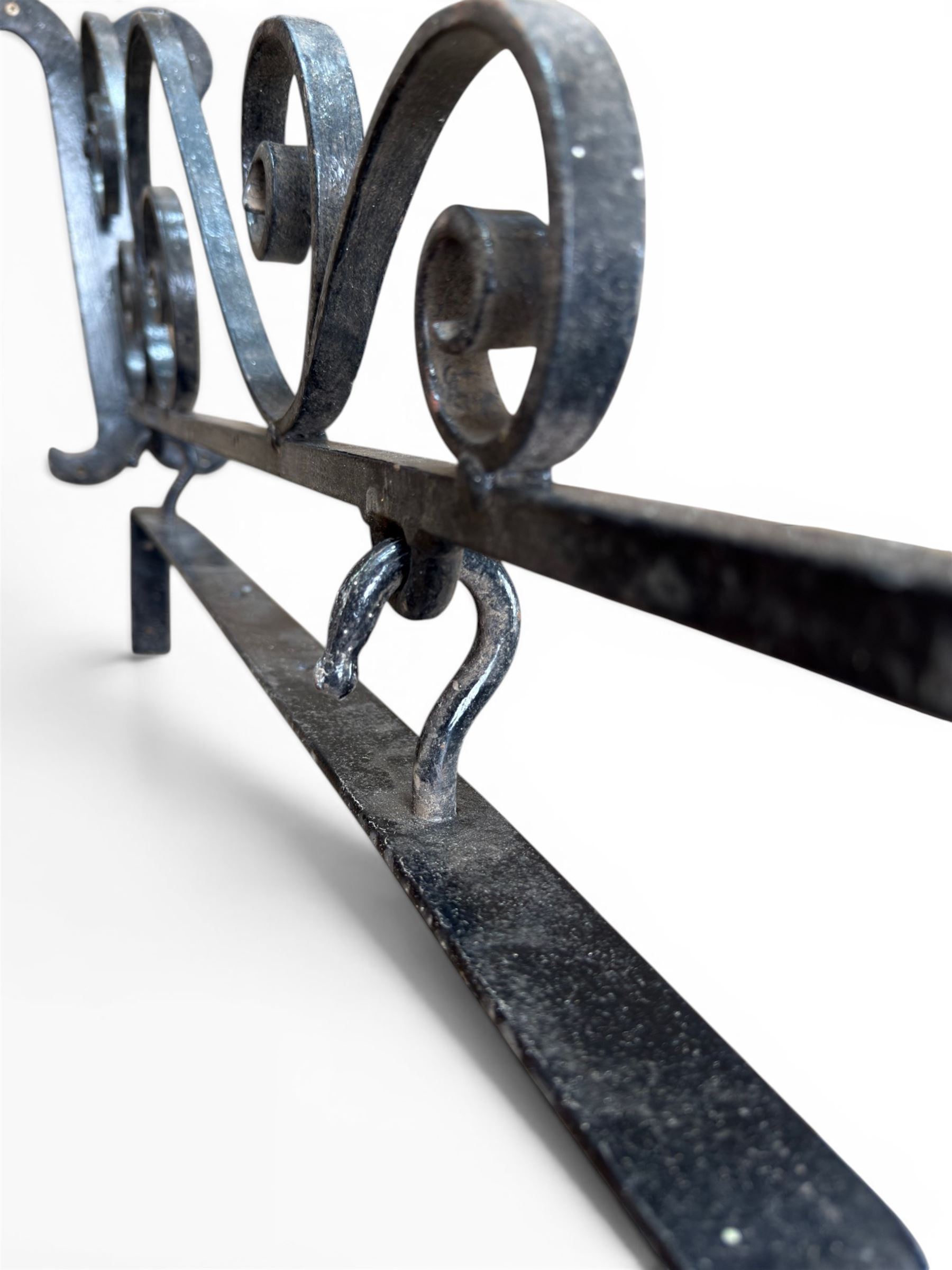 Blacksmith made wrought metal wall hanging sign bracket, scrollwork detail, including wall bracket and sign bracket