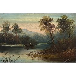 J Hill (British 19th century): River scene, oil on canvas signed and a Companion picture, oil indistinctly signed 19cm x 29cm (2)