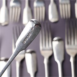 Suite of Victorian silver fiddle pattern cutlery comprising eighteen table forks, seventeen dessert spoons, fifteen dessert forks and three table spoons London 1856 Maker A B Savory & Sons