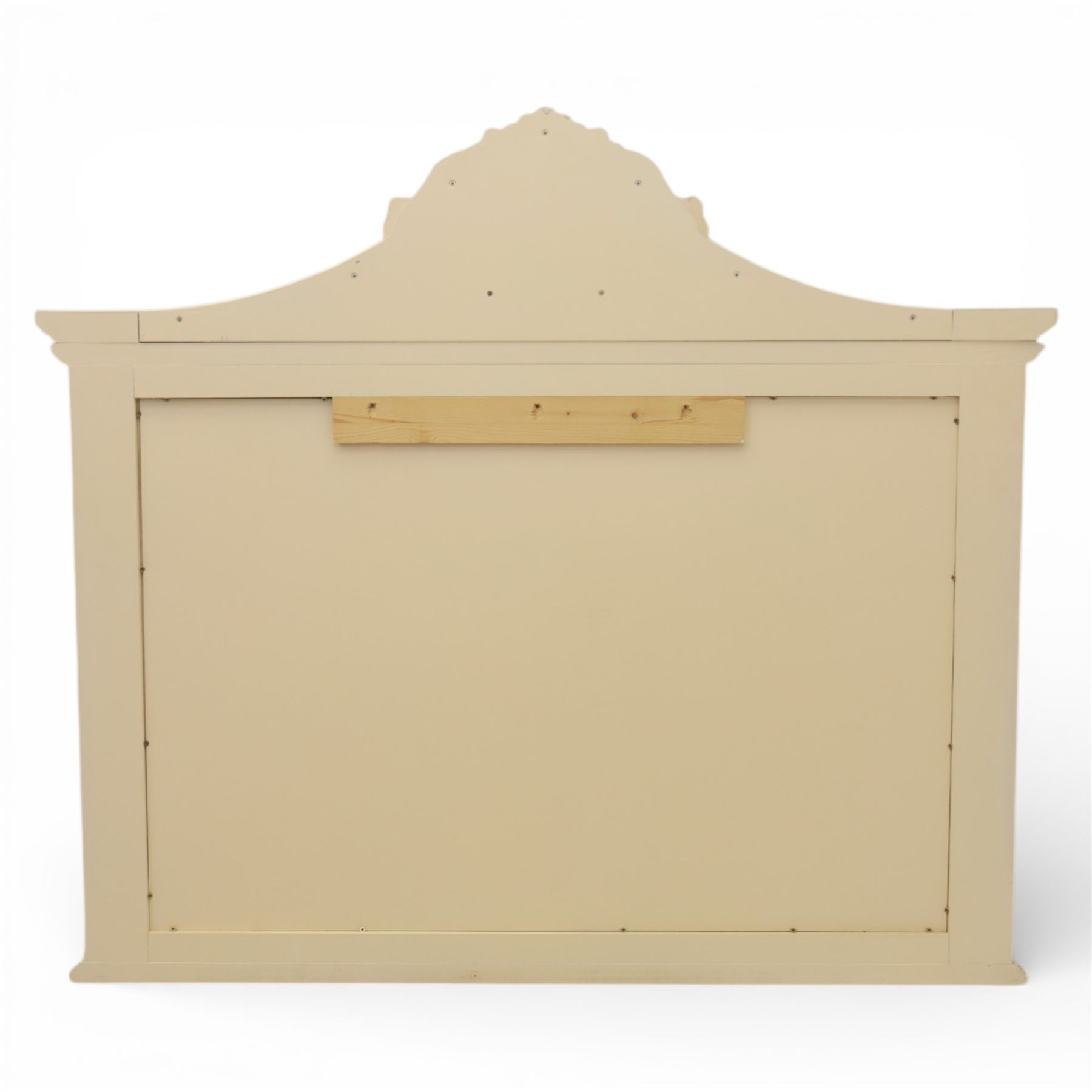 Contemporary French design white painted bedroom suite retailed by Barkers of Northallerton, comprising wide chest fitted with four short and four long drawers with oval brass handles (H 70cm, W 159cm, D 46cm), pair of bedside chests each fitted with three drawers (H 62cm, W 40cm, D 46cm), dressing table fitted with four short drawers and central kneehole with shaped apron (H 79cm, W 131cm, D 46cm) with matching framed wall mounted mirror (H 100cm, W 113cm), and full length standing mirror (H 175cm, W 73cm)