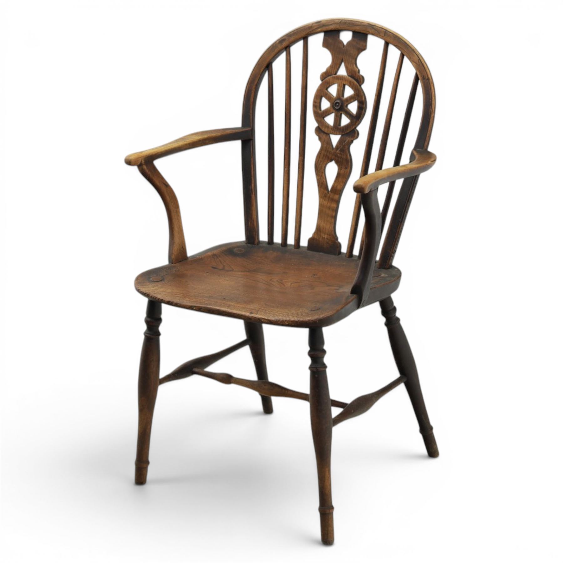 Late 19th century elm and ash low-back Windsor chair, swept arms raised on turned supports  united by H-stretcher