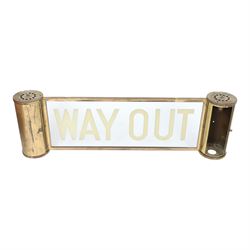 Way Out sign, from cinema or theatre, the central glass panel market Way Out, with brass border and two cylindrical brass mounts for lights to each end, H25cm, L81cm 
