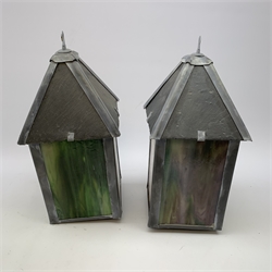 Pair of hand crafted remote control colour changing stained glass lanterns, H43cm.
