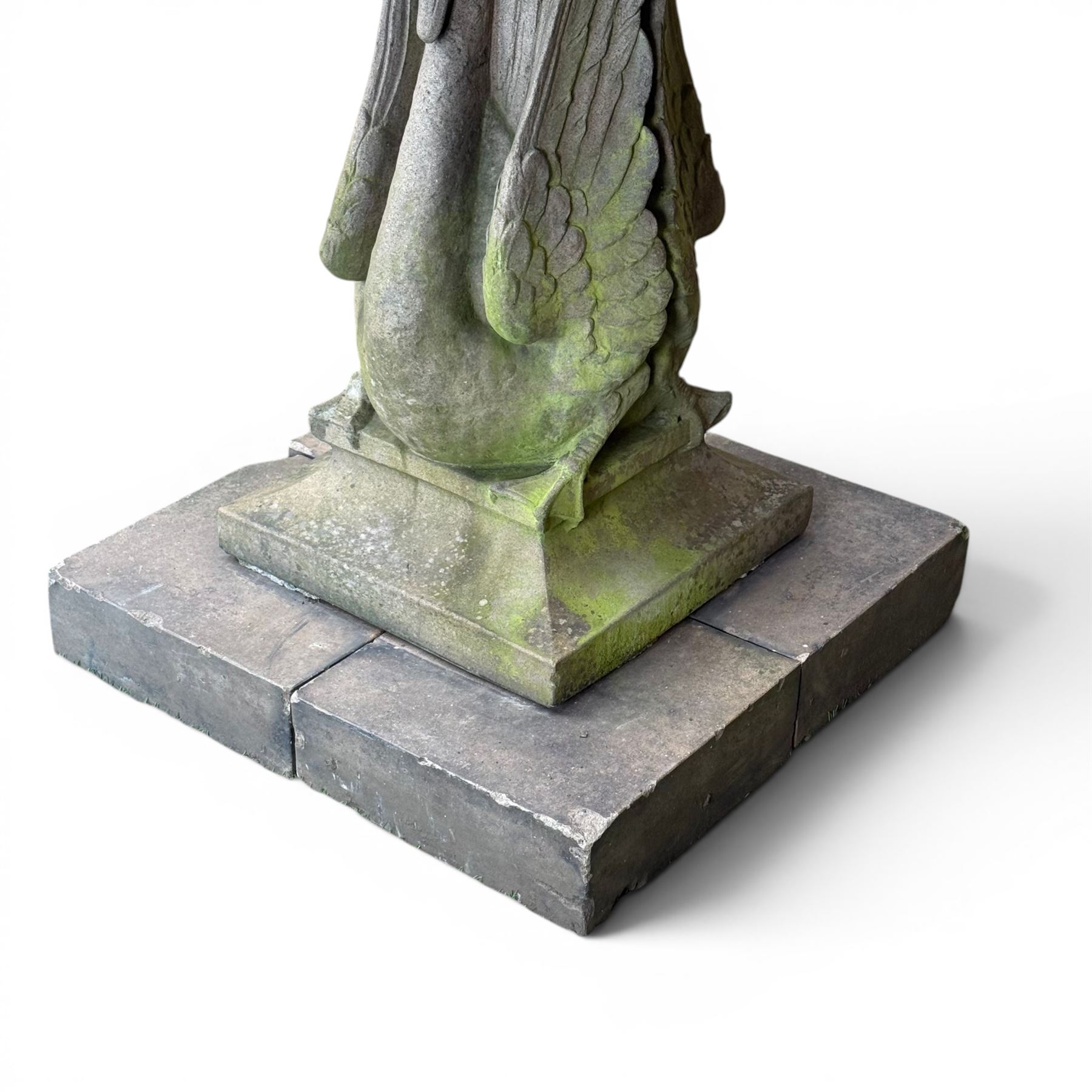 Late 20th century terracotta twin swan sundial, well figured seated back to back with shaped top, raised on four sectional base. Measurements exclude base.
Base: 60cm x 60cm