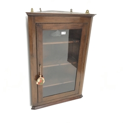 Edwardian inlaid mahogany corner cabinet, single glazed doors enclosing three shelves, W61cm, H91cm, D31cm