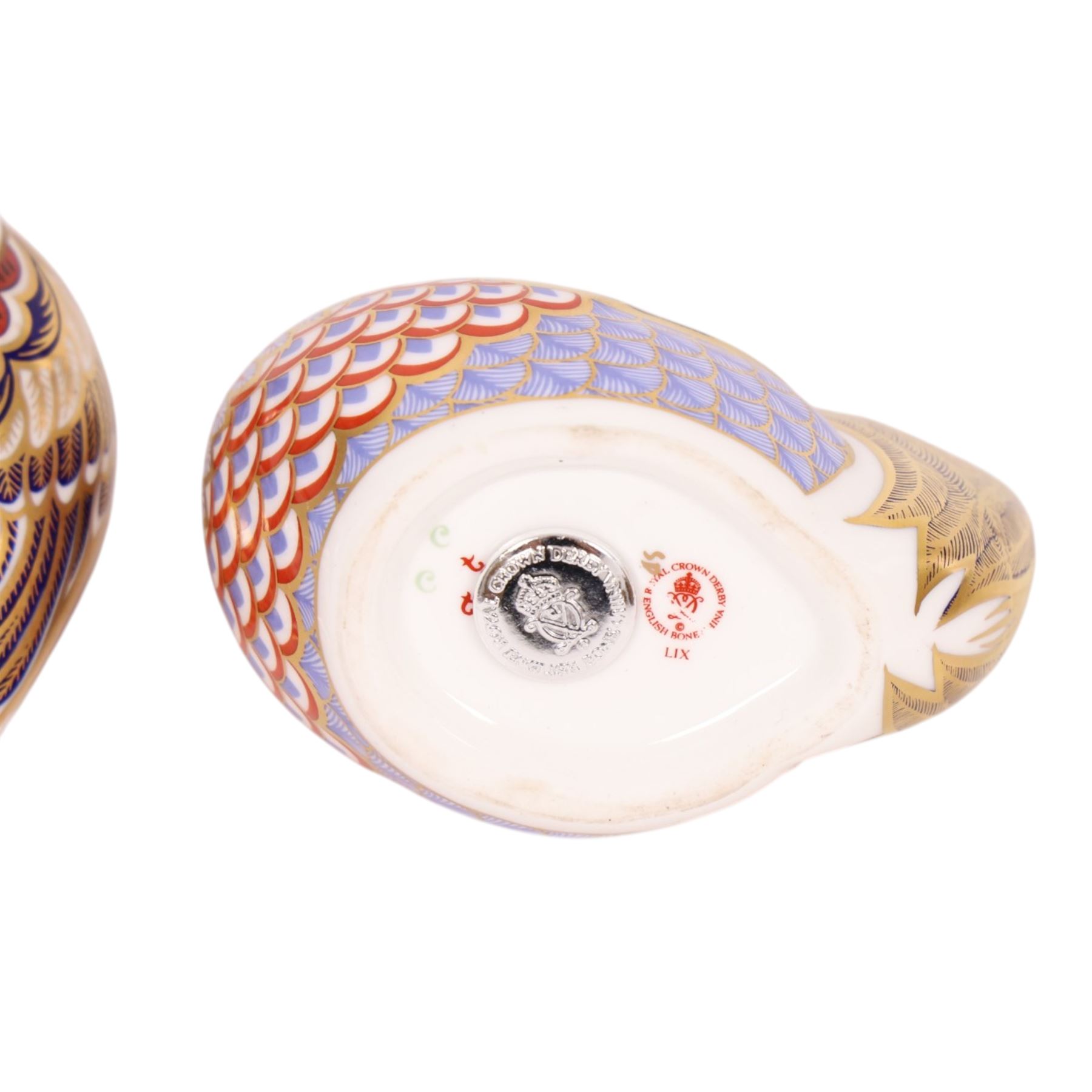 Three Royal Crown Derby paperweights, comprising Mallard silver stopper, Cockerel silver stopper and Chaffinch gold stopper, H6cm