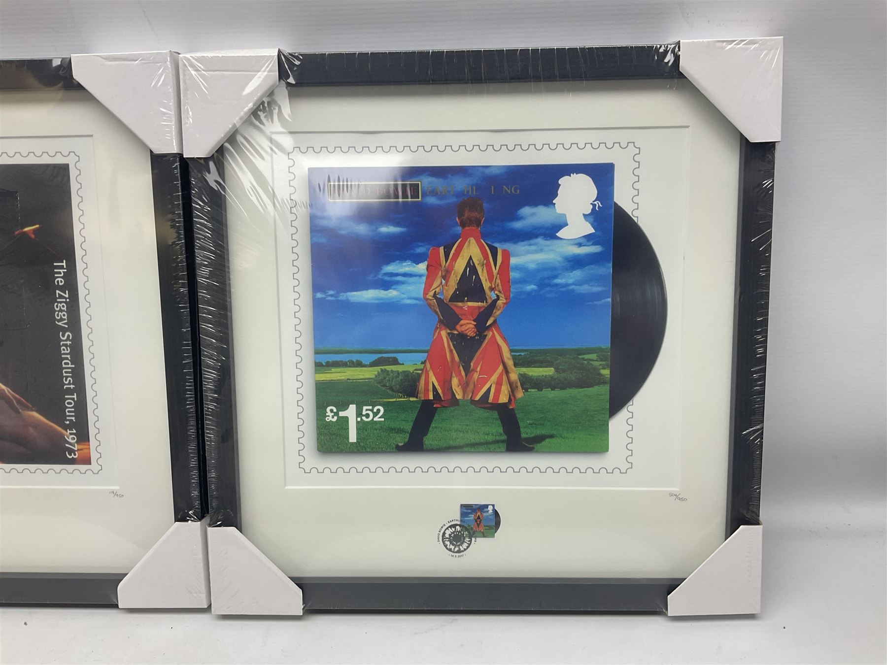 Set of three Royal Mail David Bowie limited edition album stamp prints, comprising  Ziggy Stardust Tour, Hunky Dory and Earthling, all framed and in original packaging, H43cm W43cm